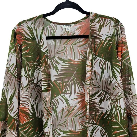 Vintage 80's Tantrums Kimono Coverup XL Green Sheer Botanical Camo Ruffle Cuff - Picture 7 of 13